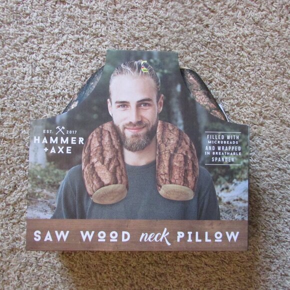 NEW Hammer + Axe Saw Wood Stump Neck Pillow Tree Log Travel Pillow Microbeads - Picture 1 of 2